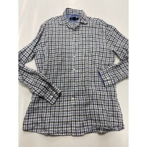 Pronto Uomo Men's 100% Linen Shirt Blue Checker Button up Long Sleeve Sz Large